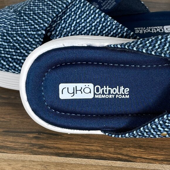 Ryka Nadine Womens Size 8 Shoes Navy Blue Stretch Cross Strap Wedge Slide Sandal - Picture 12 of 14